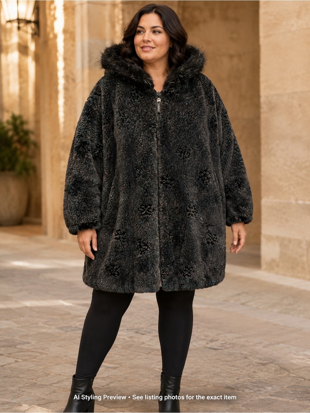 Vintage Nanuk Canada XL Black Iridescent Patterned Faux Fur Hooded Coat